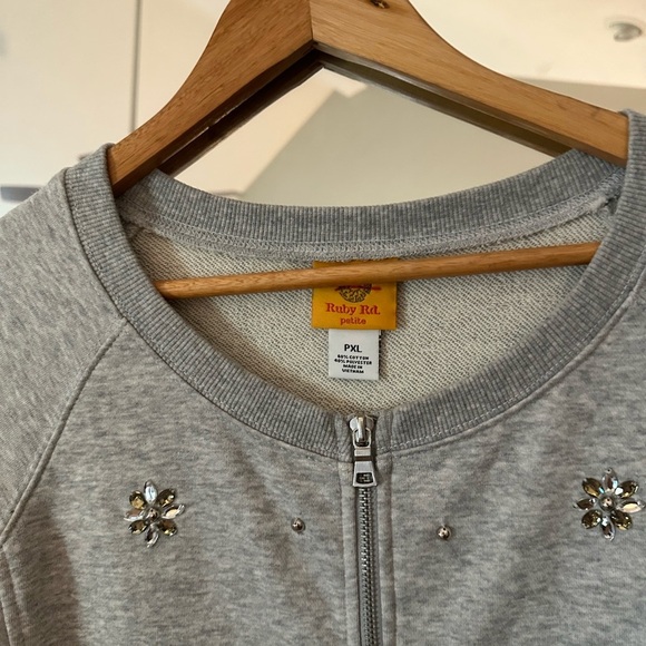 Ruby Rd Gray Zip Up with Floral Embellishments - Picture 3 of 5